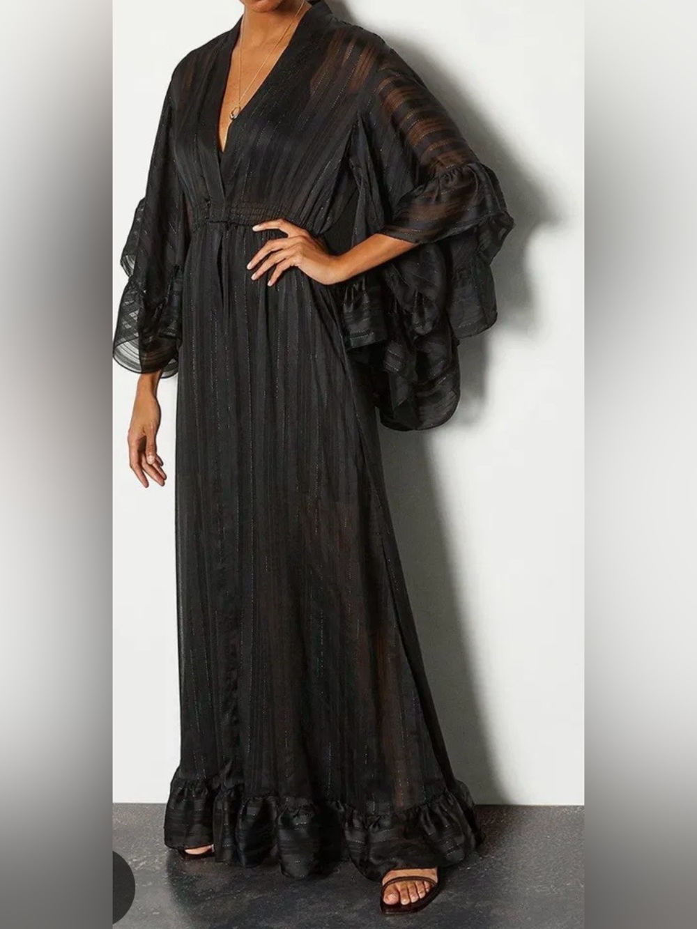 Karen Millen Black Sheer Textured Maxi Dress with Ruffle Hem